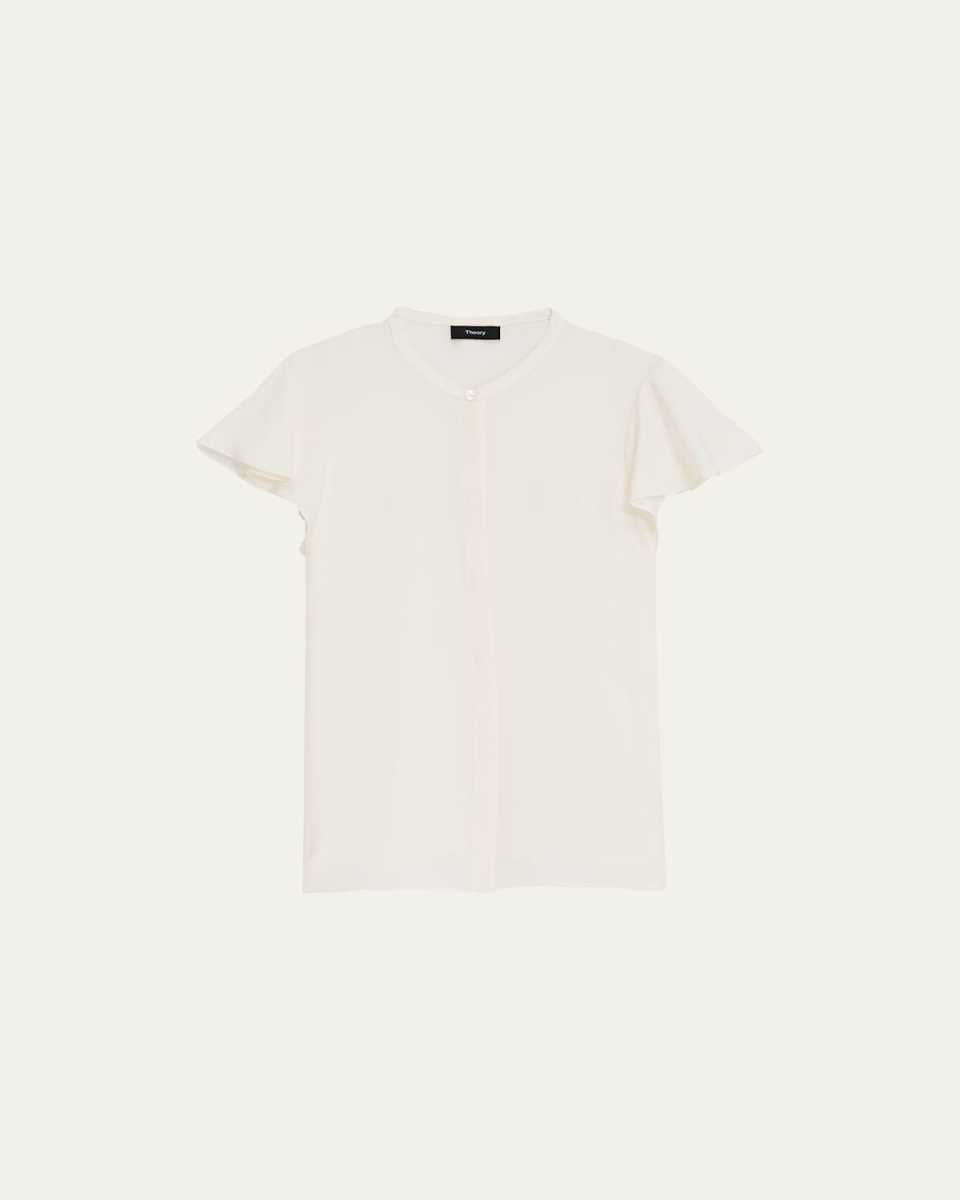 Ruffle-Sleeve Silk Button-Front Top